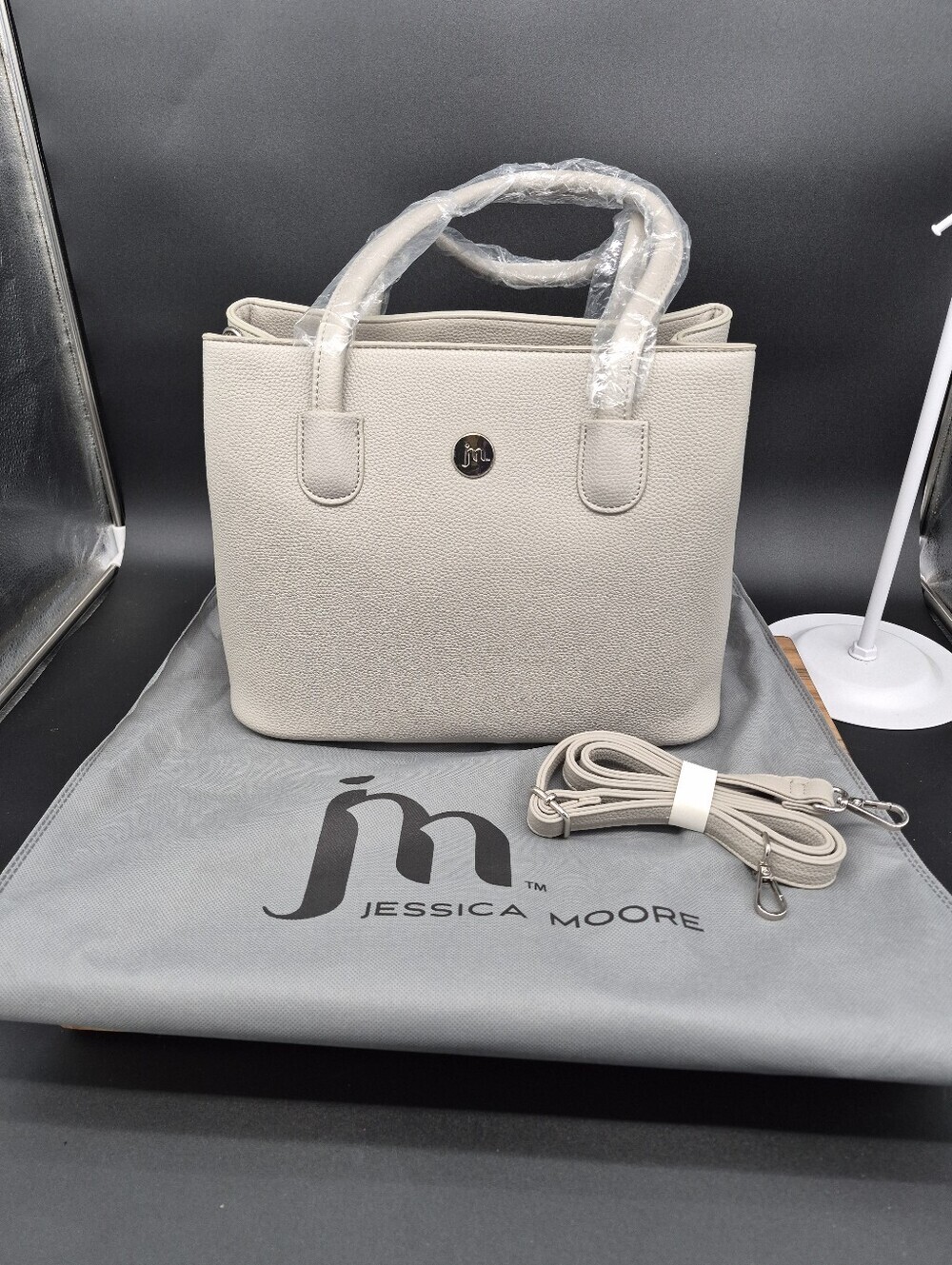 Jessica Moore Gray Structured Crossbody, Detach Strap, Dust Cover, 13x10x7, NWOT